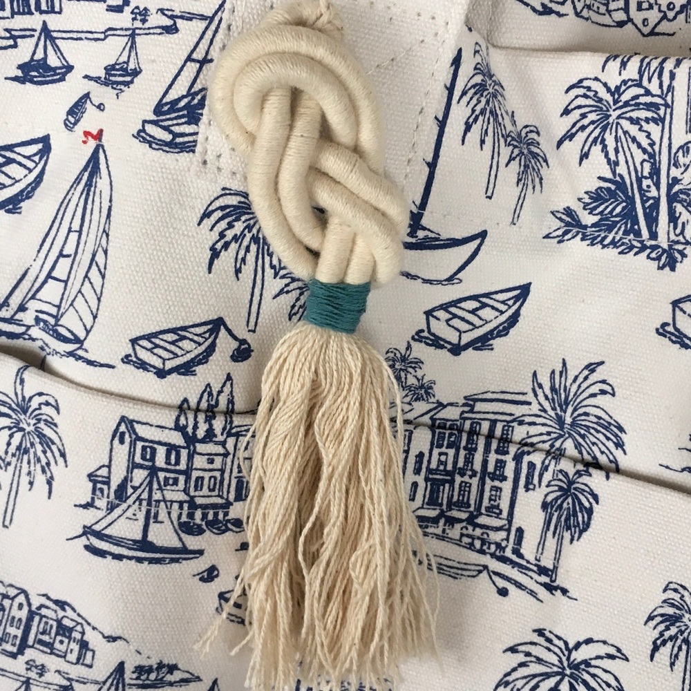 Nautical Blue & White Canvas Tote Bag with Tassel - Picture 2 of 6